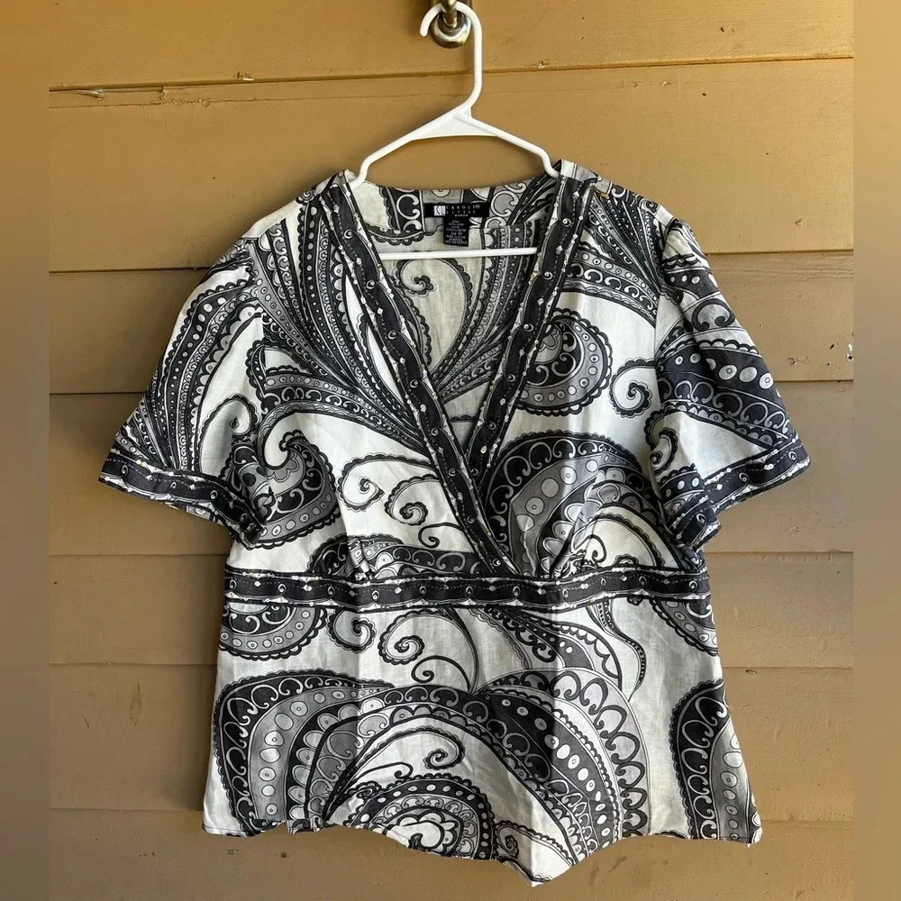 100% Linen Bohemian Print Peplum Blouse - Women's Size 1X